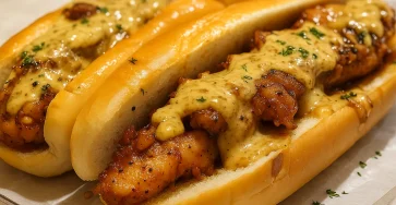 South Carolina Bird Dog Sandwich with grilled chicken tenders, melted cheese, crispy bacon, and mustard served in a hoagie roll