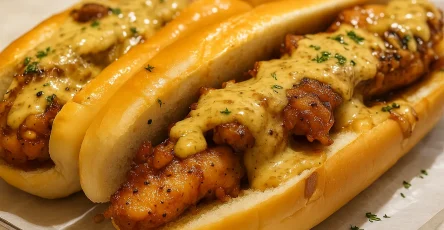 South Carolina Bird Dog Sandwich with grilled chicken tenders, melted cheese, crispy bacon, and mustard served in a hoagie roll