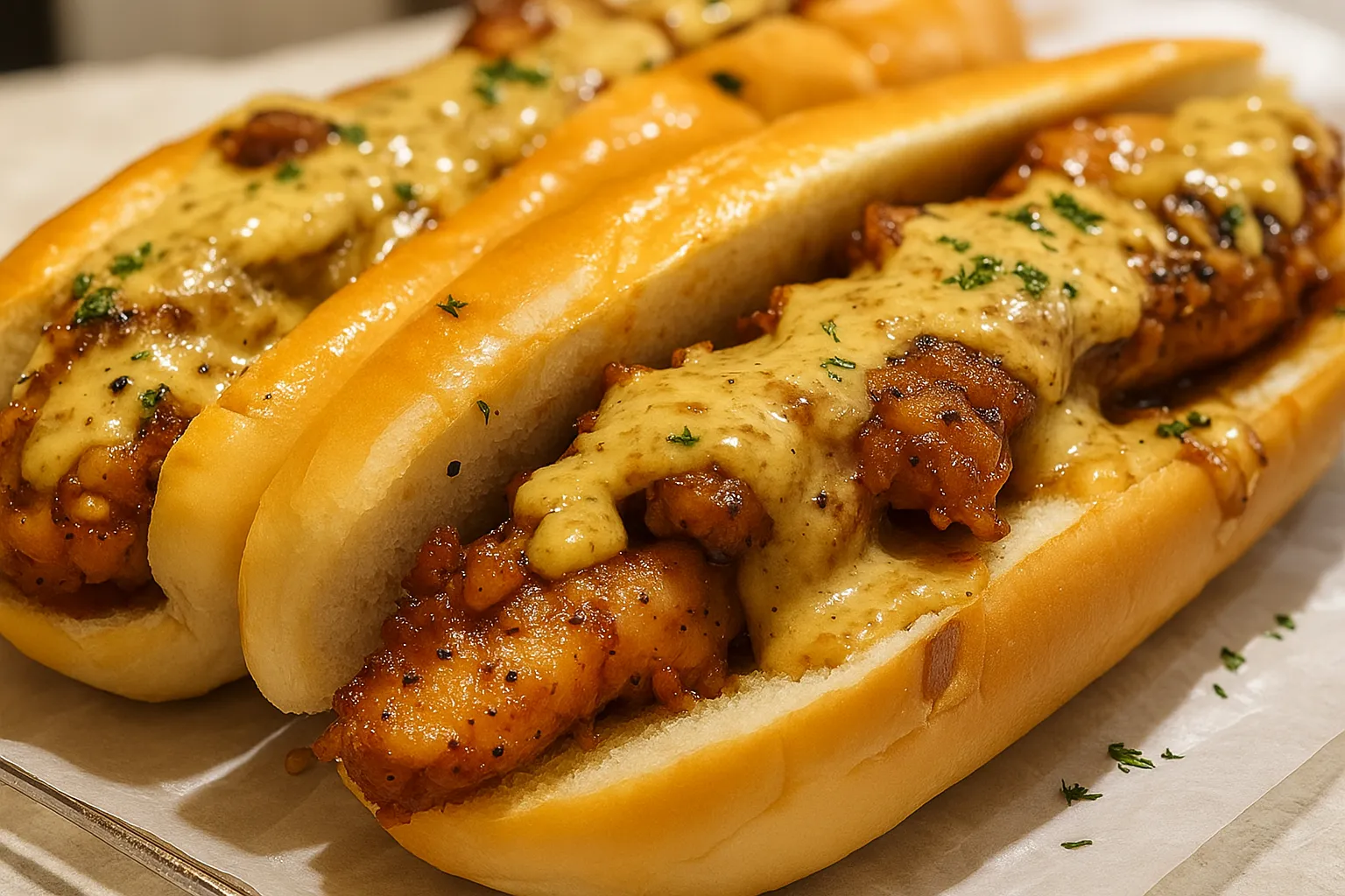 South Carolina Bird Dog Sandwich with grilled chicken tenders, melted cheese, crispy bacon, and mustard served in a hoagie roll