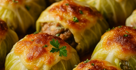 A white ceramic baking dish filled with six golden‑topped stuffed cabbage rolls nestled in tomato sauce, garnished with parsley