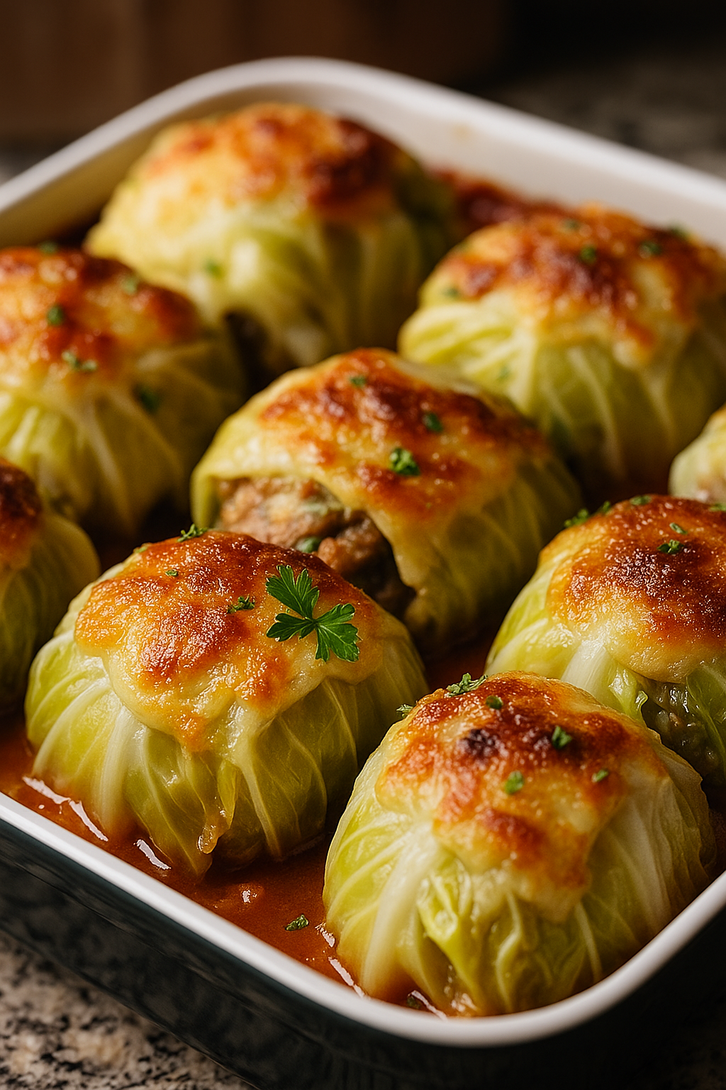 A white ceramic baking dish filled with six golden‑topped stuffed cabbage rolls nestled in tomato sauce, garnished with parsley